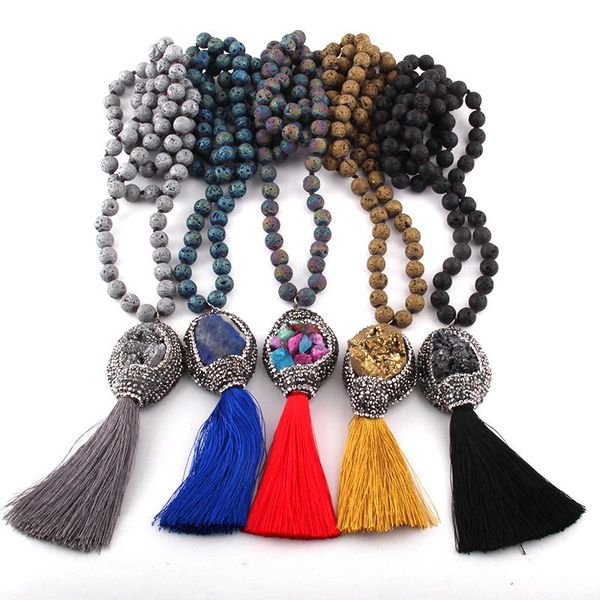 

pendant necklaces fashion bohemian jewelry lava stone knotted natural druzy & tassel necklace for women ethnic, Silver