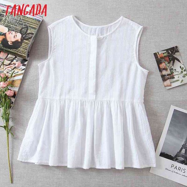 

women retro ruffles embroidery romantic blouse sleeveless chic female shirt qw62 210416, White