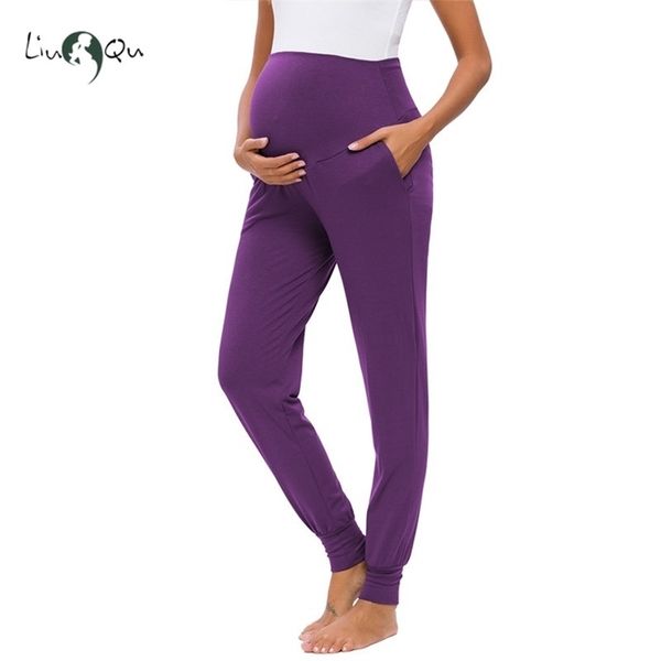 Calças de maternidade das mulheres Stretchy Lounge Workout Casual Solto Comfy Gravidez Juntos com Bolsos Fit Calças 210918