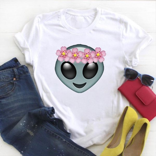 

flower happy face casual womens cute print summer tee clothes graphic, White