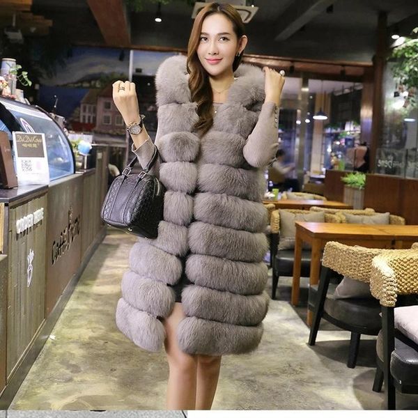 

women's fur & faux long vest winter women luxury furry slim woman fake plus size, Black