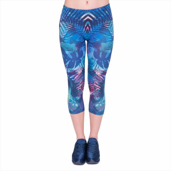 

capri tropical leaves printing womens leggings mid calf 3 4 fitness pants, Black