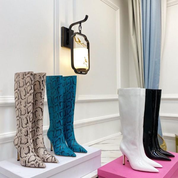 

boots pointed toe long women shoes winter patent leather zipper snakeskin super high heels botas de mujer size 35-42, Black