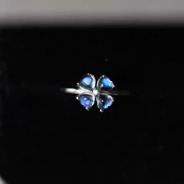 

original craft clover blue moonstone opening adjustable ring noble light luxury charm women brand silver jewelry cluster rings, Golden;silver