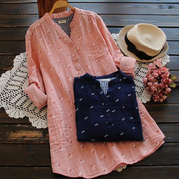 

spring summer vintage v-neck printed long sleeve blouse women cotton shirt women's blouses & shirts, White