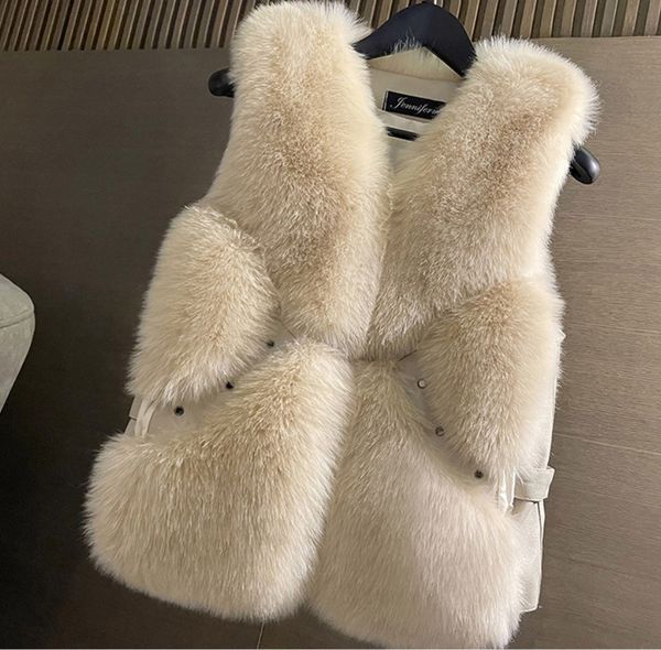 

faux fur coat vest winter jacket women fake fox fur with pu leather outerwear short sleeveless streetwear locomotive, Black