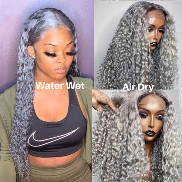 

long water wave lace frontal grey colored wigs curly synthetic wig for women simulation human hair daily party, Black