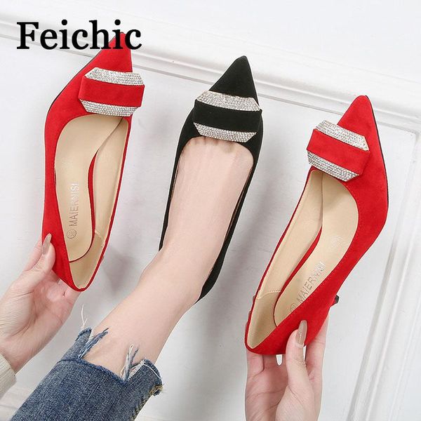 

dress shoes feichic korean fashion pointed pumps high heels for work daily suede women's single stiletto rhinestone hee, Black