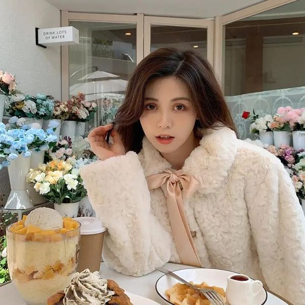 

women's fur & faux 2021 winter thick warm coats female elegant white bow single breasted outerwears lady sweet fashion, Black
