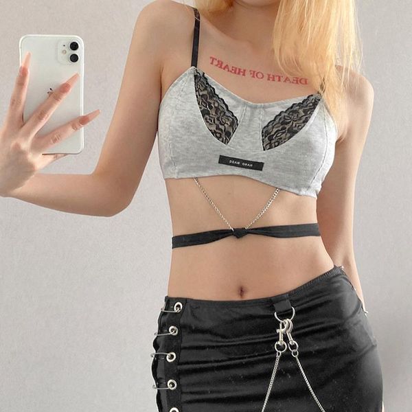 

women's tanks & camis female printed camisole lace trim decor letter label v-neck spaghetti strap chain lace-up summer base sling, White