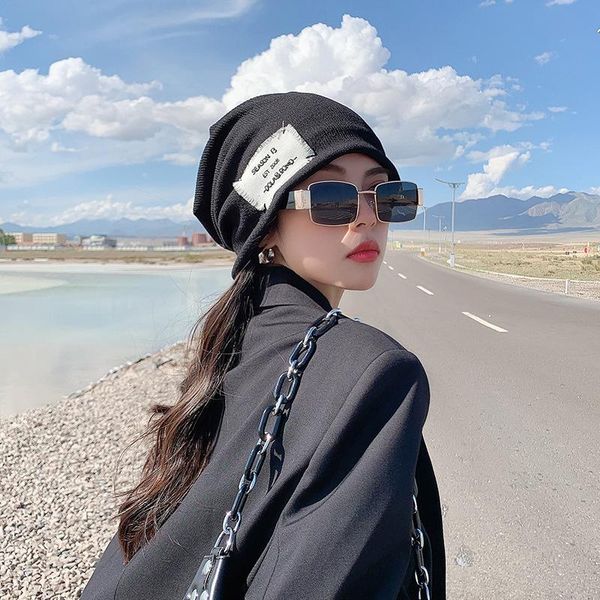 

scarves women's korean fashion autumn and winter versatile pullover hat soft hip hop beanies bonnet solid cap, Blue;gray