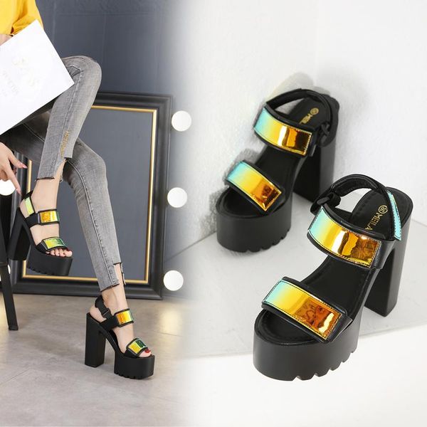 

sandals dance performance high heels thick sole platform rome sandalias wedding party sequins lady square heel shoes 15cm, Black