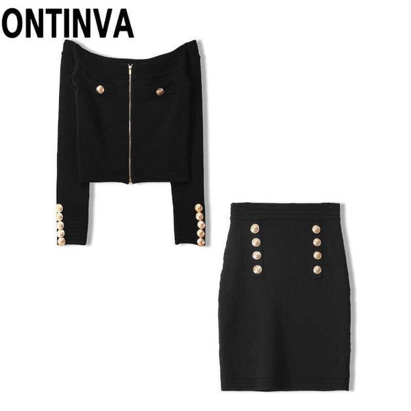

autumn womens black knitwear two piece suit long sleeve jumpers mini skirts with golden button retro 2 sets 210527, White