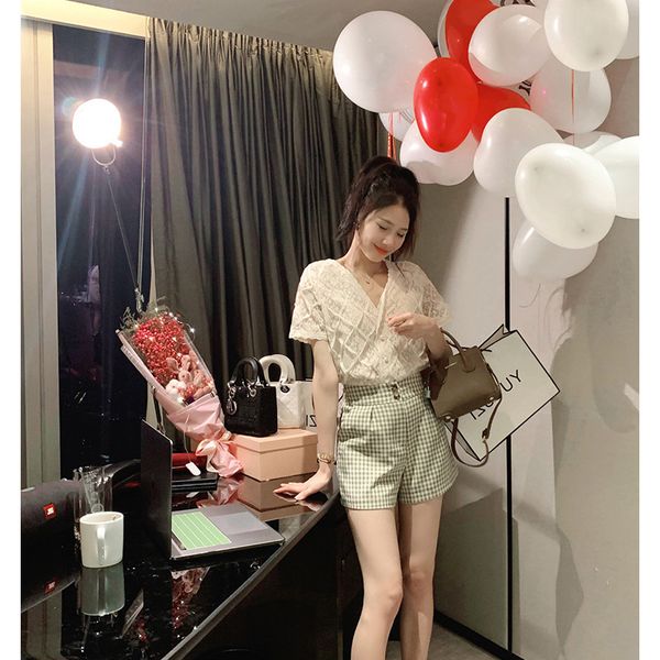 

women solid chiffon blouses wave v neck pearl button short lace sleeve casual woman ladies holiday shirt blouse, White