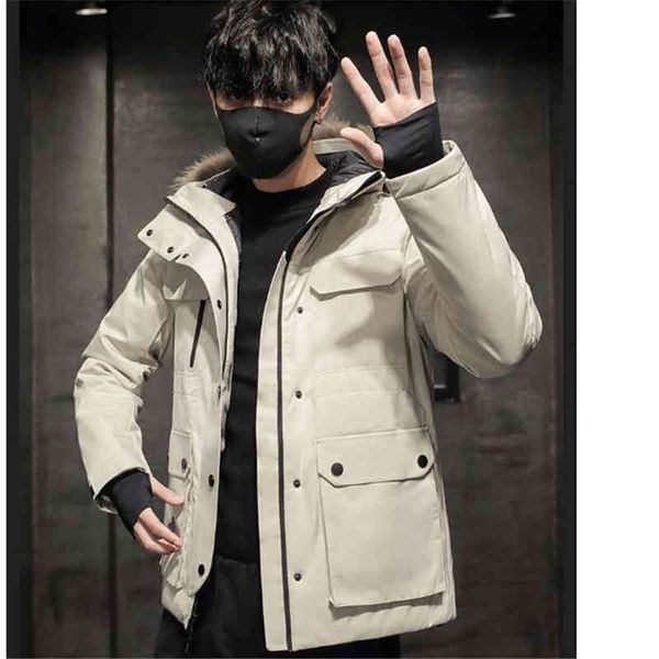 

new winter hooded down jacket men's outdoor coats youth short style thickened warm coat raccoon hair with fur collar, Black