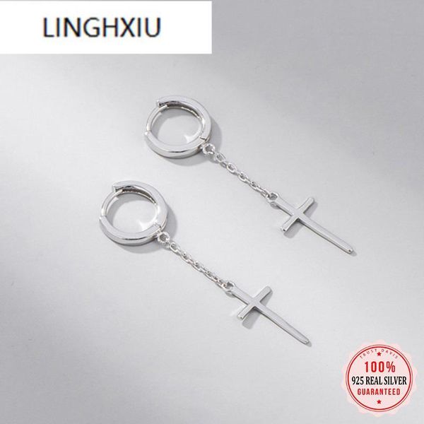 

hoop & huggie lingxiu real 925 sterling silver fashion cross chain earring for women wedding party fine s925 jewelry h070, Golden;silver