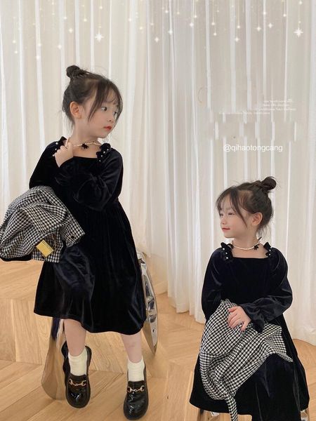 

girl's dresses vintage velvet a-line dress kids for girls baby toddler children clothes square collar pearl beads vestidos 3 to 8 yrs, Red;yellow