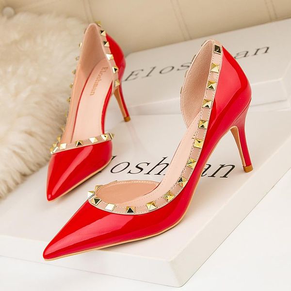 

dress shoes 2021 fashion riveting nail thin heeled high heels slim shallow mouth pointed side hollow party women's size 34-41, Black