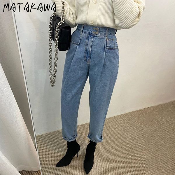 

matakawa korean vintage wash blue women pants insert pocket pleated woman jeans two button high waisted slim straight jeans 210513