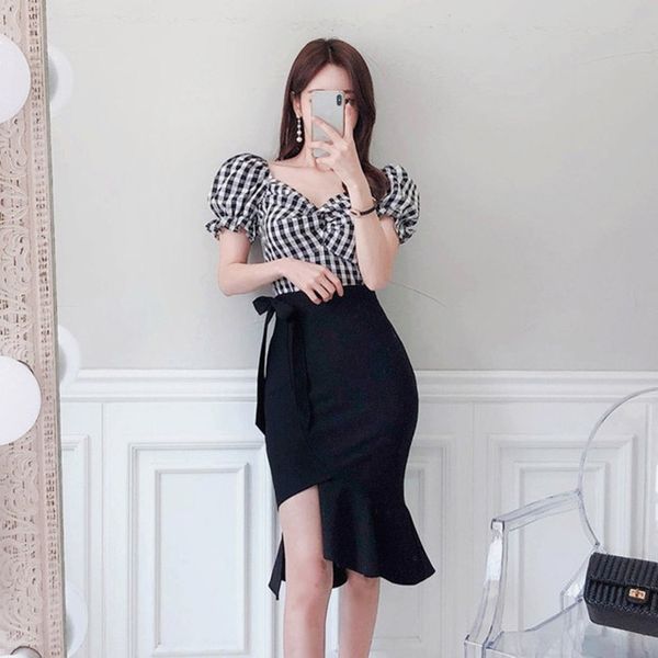 

women elegant casual 2 pieces sets ladies plaid lantern sleeve blouse +zipper high waist mermaid skirt suits 210525, White