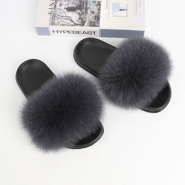 

slippers sarsallya fur women real slides home furry flat sandals female cute fluffy house shoes woman 2021, Black