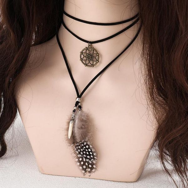 

chokers fashion ethnic women layered bohemian dream catcher natural feather necklaces 2021 creative retro jewelry wholesale, Golden;silver