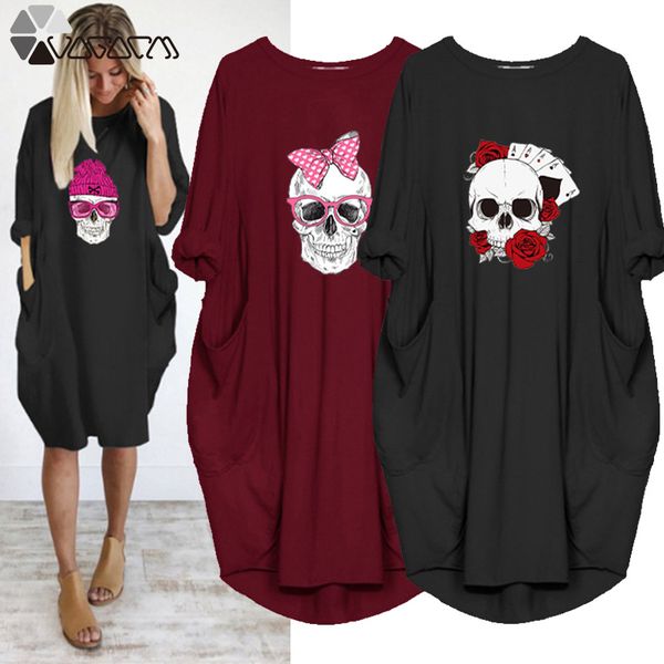 

propcm plus size woman dress skull print long sleeve round neck autumn pocket party club loose vintage vestidos robe femme streetwear, Black;gray