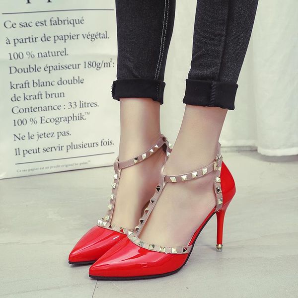 

dress shoes 2021 women pumps summer fashion rivets pointed toe wedding party high heeled woman sandals zapatos mujer, Black