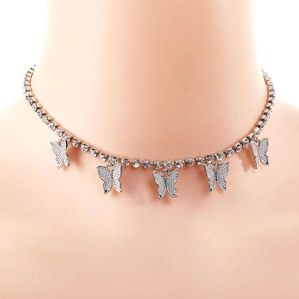 

chains fringed diamond butterfly necklace for women 2021 trend korean style aesthetic pendant long neck chain clavicle choker, Silver