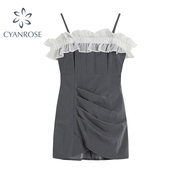 

thin spaghetti straps women dress summer vintage lace neck backless sleeveless slim draped female casual straped 210515, Black;gray