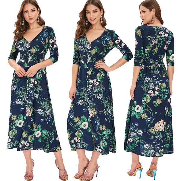 

dresses 2021 new print 5-sleeve long dress beach skirt, Black;gray