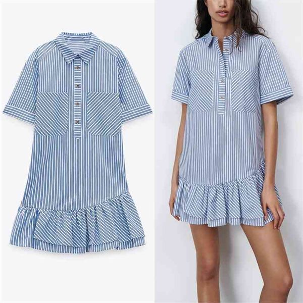 

blue striped ruffle mini dress women short sleeve button up casual retro dresses woman fashion patch pockets vestidos 210524, Black;gray