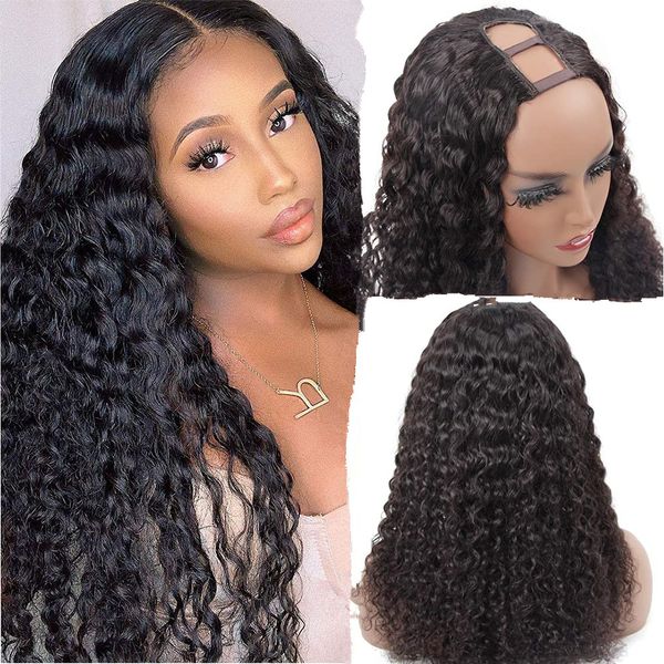 

upart wigs for black women human hair brazilian deep curly glueless full head half 2x4" u shape wig 130% density natural color(18 inch), Black;brown