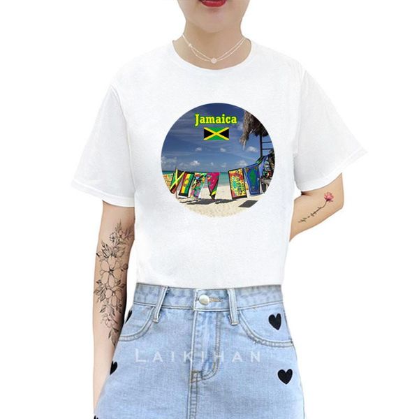 

women's t-shirt jamaica cartoon print ladies summer fashion tee female cute harajuku clothes, White