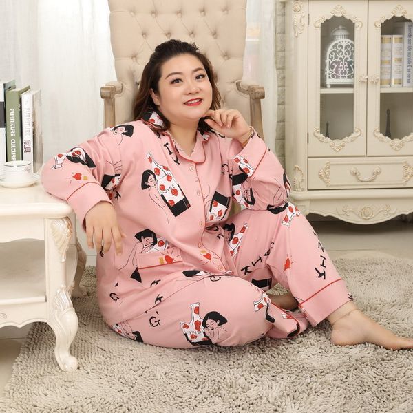 

women's sleepwear plus size 5xl fresh 2pcs pajamas sets for fat mm sweet women summer 100% cotton long sleeves home clothes large 135kg, Black;red