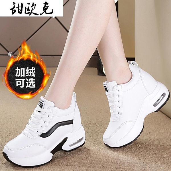 

boots 2021 autumn winter warm snow shoes casual air cushion women sneaker increase within high heels cow leather, Black