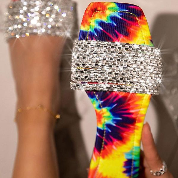 

slippers 2021 women crystal female bling rhinestone slides ladies summer tie dye mixed color flower casual beach flats plus size, Black
