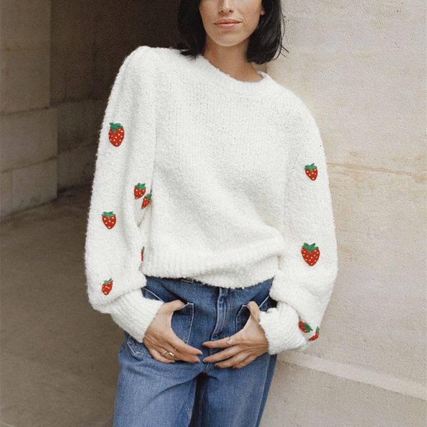 

women's sweaters girl strawberry embroidery sweater, fresh neck, sweet long sleeve early autumn jumper ladies. 4op7, White;black
