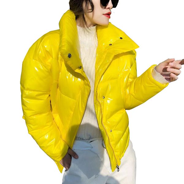 

down glossy winter short coat women korean stand collar down cotton padded jacket casual thick warm black yellow parka