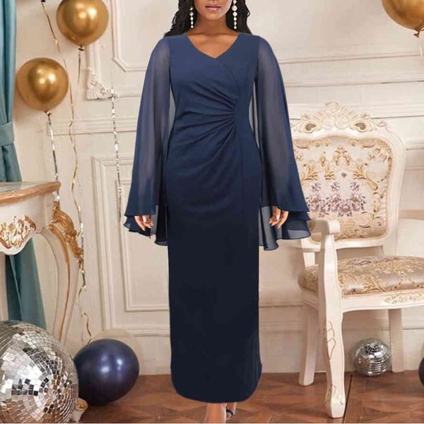 Kadın Bodycon Elbise V Boyun Patchwork Şifon Kollu Donanma Mavi Slim Fit Artı Boyutu 4XL Kadın Parti Gece Zarif Giysileri 210416