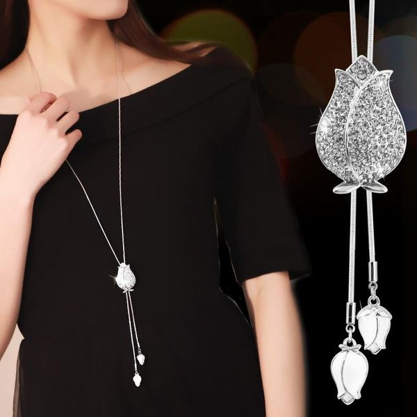 

pendant necklaces ajojewel white enamel tulip tassel long necklace crystal rhinestone for women fashion jewelry wholesale, Silver