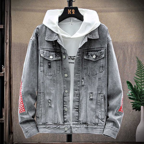 

fall/winter ripped denim jacket classic fashion men's casual printing personality cowboy coat loose multi-pocket 210531, Black;brown