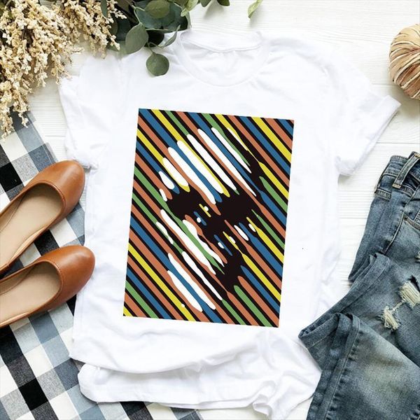 

skull striped printed womens t shirt short sleeve tee clothes graphic, White