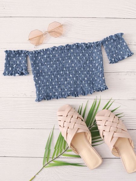 

polka dot shirred bardot s7vh#, White