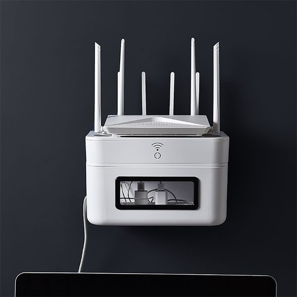 Novo WiFi Router Prateleira De Armazenamento Caixas de Cabo Plus Caixa de Armazenamento de Bracket de Arame De Madeira-Plástico Prateleira de Parede Pendurar Bollet Caixa 210330