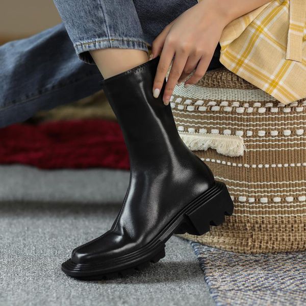 

boots leather single shoes plus cashmere women's platform fashion, Black