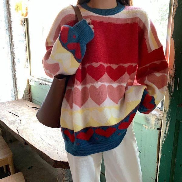 

women's sweaters autumn and winter korean version of 2021 women love color matching jacquard loose lazy style bubble sleeve long-sleeve, White;black
