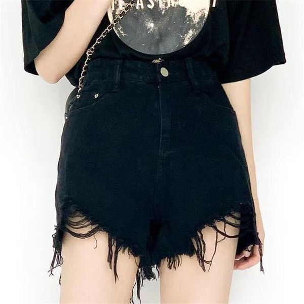 

women's jeans summer short denim pants vintage ripped hole female fashion high waist fur-lined shorts, Blue
