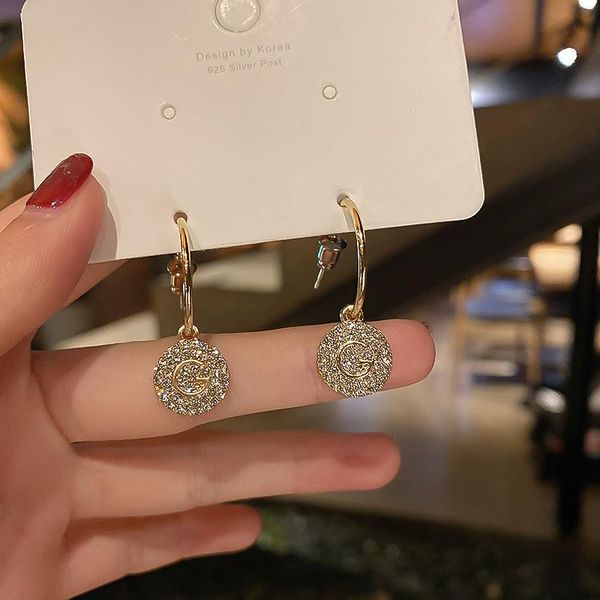 

hoop & huggie fashion rhinestone round gold pendant earrings korea retro women's wedding jewelry gift 2021, Golden;silver
