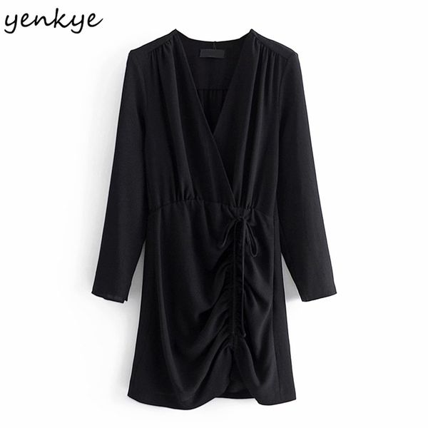 

vintage black drawstring draped mini dress women v neck long sleeve bodycon winter party vestido 210514, Black;gray